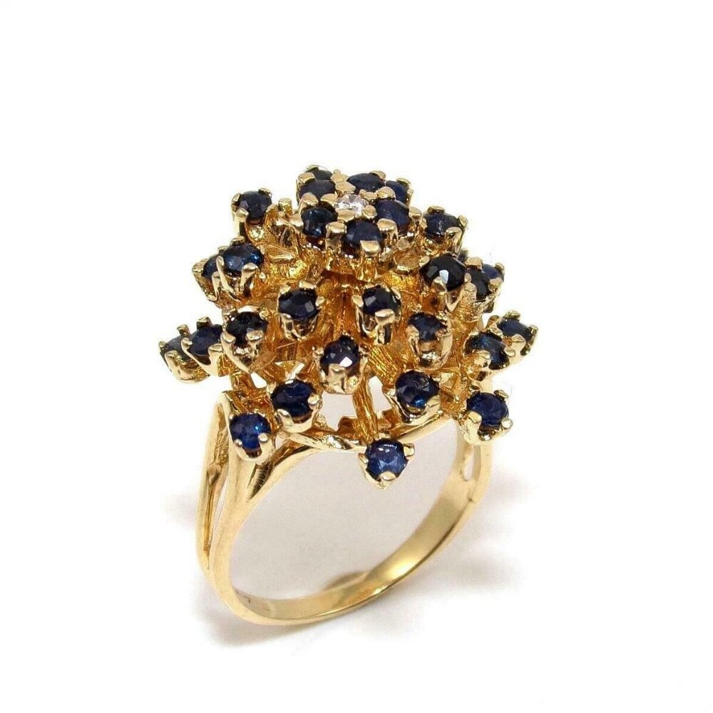 14K Yellow Gold Natural Blue Sapphire Diamond Dome Cluster Ring 6